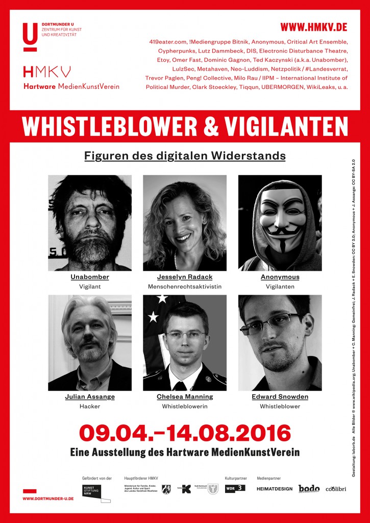 Plakat der Ausstellung „Whistleblower & Vigilanten. Figuren des digitalen Widerstands“ im HMKV im Dortmunder U